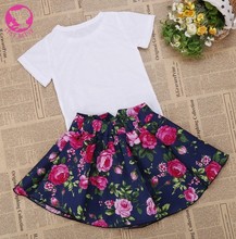 2016 New Fashion Girl Kids T shirt Skirt Set Short Sleeve O Neck Casual White Tops