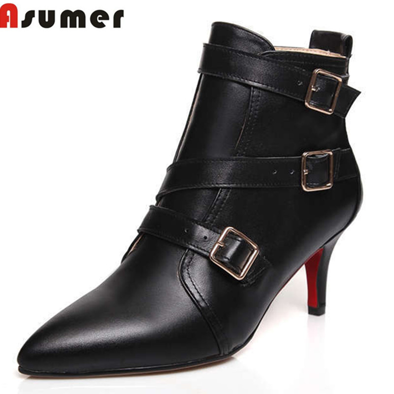 2015 autumn and winter  thin heels ankle boots pointed toe black red buckle fashion hot sale genuine leather women boots