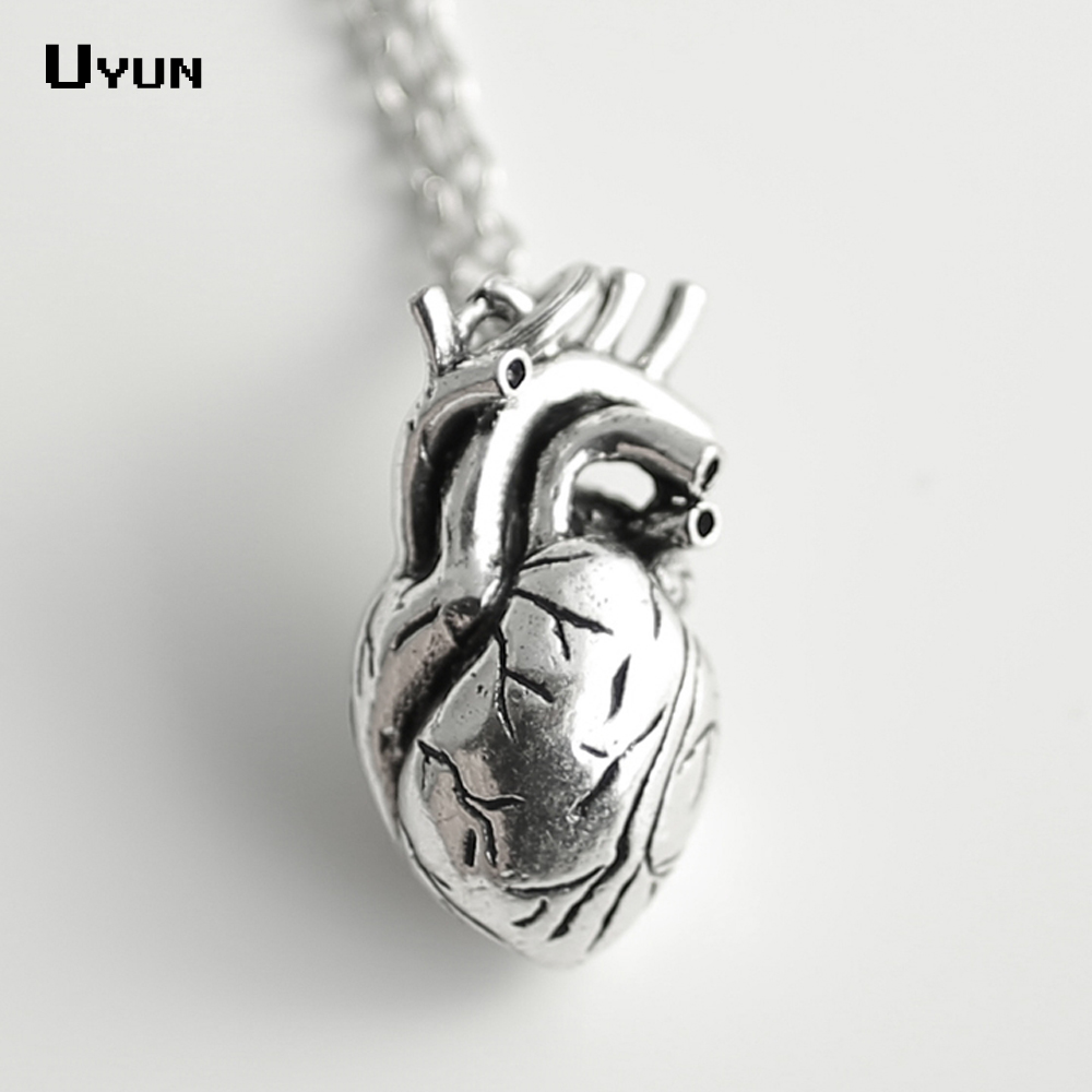 Gothic 3D Human Anatomical Heart Necklace Antique Silver Vintage