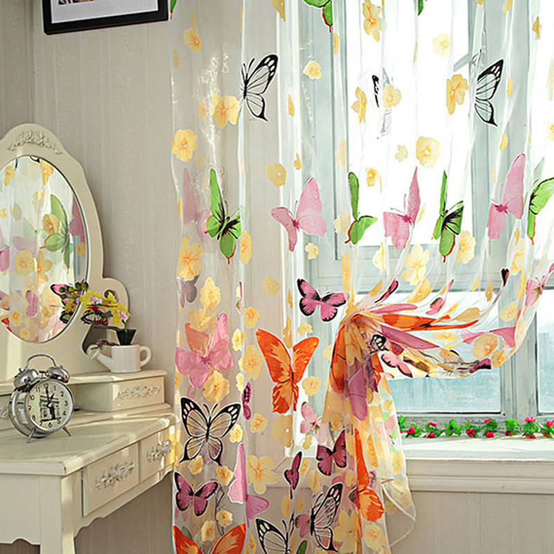 Free Shipping 200x100cm Colorful Butterlfly Printed Curtain Sheer Organdy For Door Window Screen Curtain New Promotion