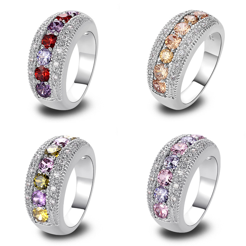 Women Fashion New Jewelry Multi Color Stnes Round Cut 925 Silver Ring Size 6 7 8