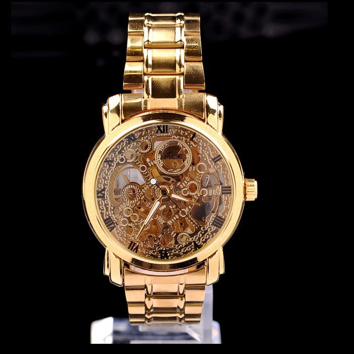new brand luxury gold color men s skeleton automatic wristwatch Mechanical wristwatch military watches Free shipping