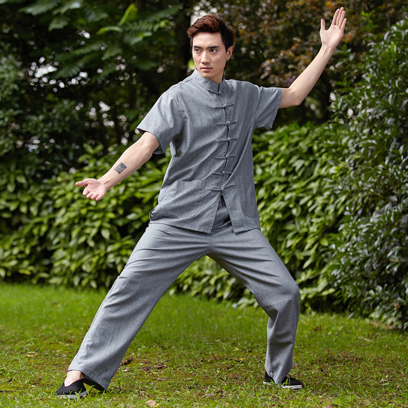New Gray Chinese Men Tai Chi Uniform Traditional Linen Kung fu Suit Short Sleeve Martial Arts Clothing Size M To XXXL NS003