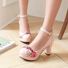 Affordable Floral Elegant Office Chunky Buckle Platform Shoes Off White Round Toe Pumps Black Pink Blue Sale Cheap