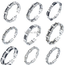 16 Styles Mens Chain Link Wristband Bangle Cuff Stainless Steel Rubber Bracelet Silver Tone Men Jewelry Wholesale Free