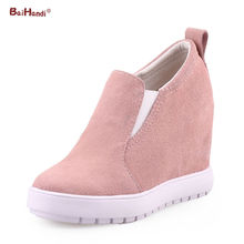 Cow Split Women Casual Hidden Wedge Shoes Woman Genuine Leather Slip-on Low Heel Thick Soled Ladies Shoes Add 10CM