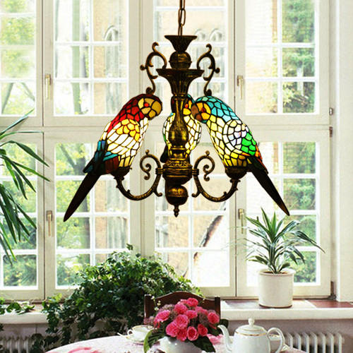 Hanging   vintage Stained  Chandelier chandelier Tri Parrots Style Vintage tiffany Glass Tiffany