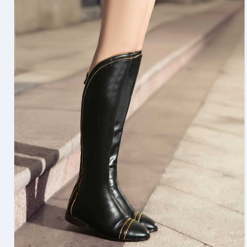 Фотография Round Toe Women Shoes Big Size 34-42 Fashion Solid Knee High Boots For Woman With Charm Real Genuine Leather Pu Ladies Boots