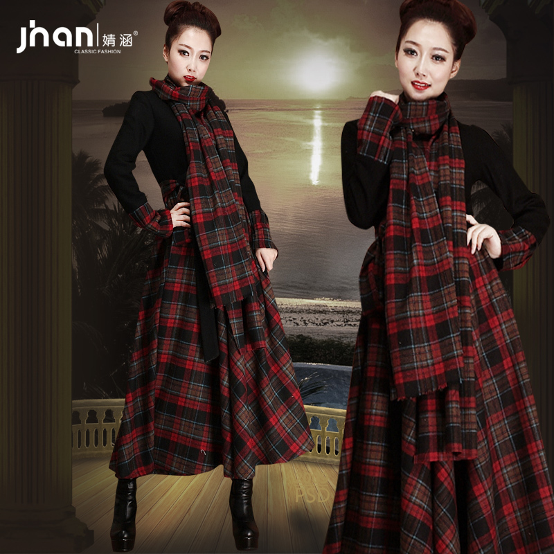 Twods Plaid Wool Winter Dress With Scarf JH27590a01