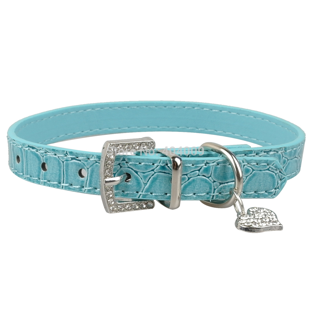 Croc Gator Pu Leather Puppy Dog Cat Collars with Rhinestone Buckle and Heart charm