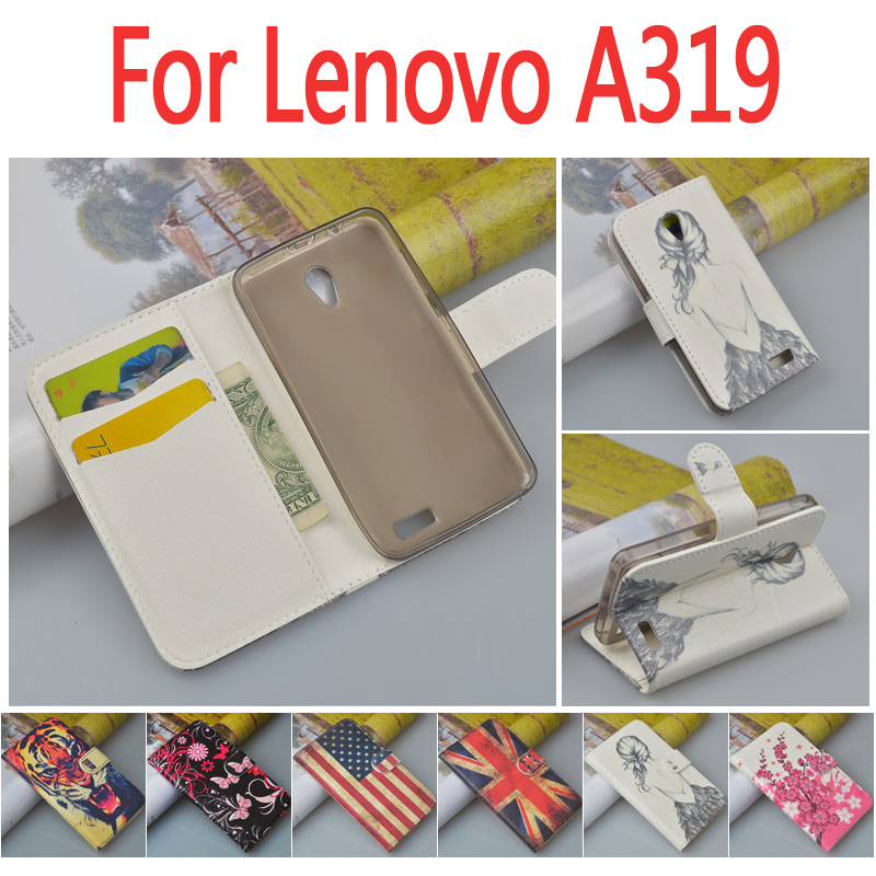 Fashion Printing Stand Wallet Case For Lenovo A319 Flip Cover with ID Card Holder 7 Colors