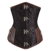 Black Jacquard and Leather Steel Boned Underbust Corset Steampunk Clothing Waist Training Corsets Gothic Sexy Korsett For Women