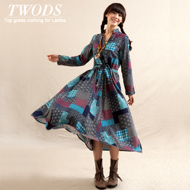 Twods 2015 new spring autumn linen and cotton women casual dress Drawstring slim plaid V-neck long spring ladies dress