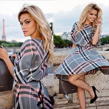 2016 new fashion women plaid print dress casual o-neck half sleeve tunic vintage dresses plus size
