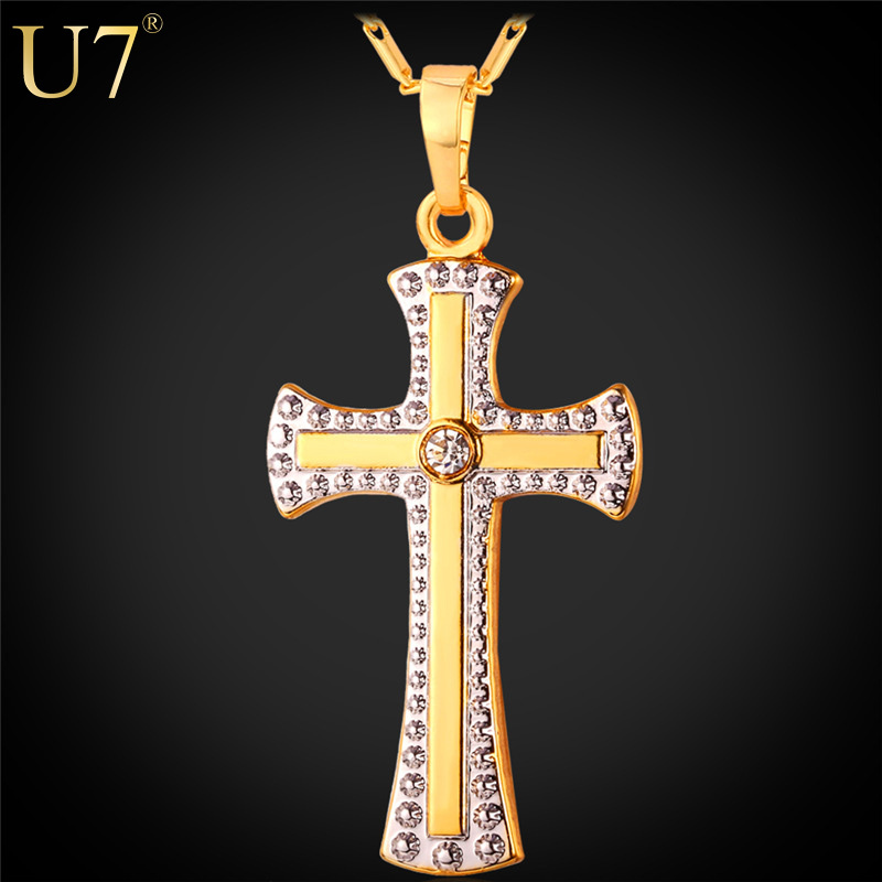Two Tone Gold Cross Pendant Necklace 18K Real Gold Platinum Plated Women Men Jewelry Religious Cross