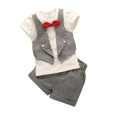 Fashion fake two children lattice gentleman serving baby boys summer short sleeved suit pants 2pc sets
