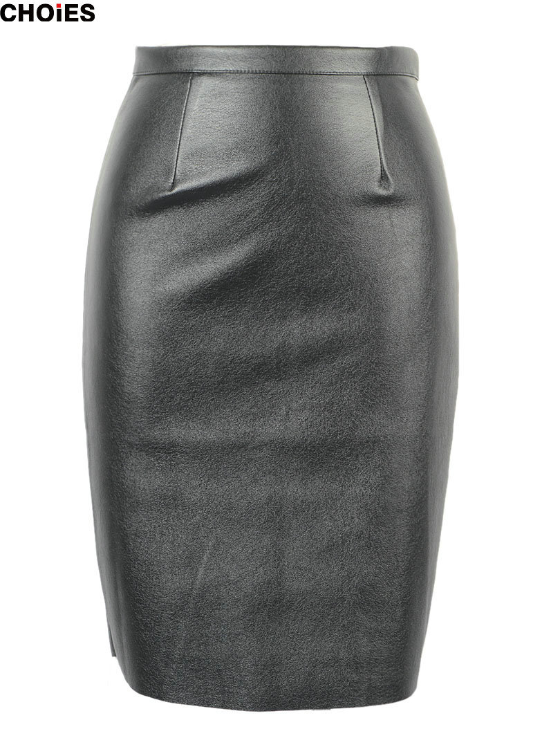 CHOIES Women Black Faux Leather Split Zipper Back High Waist Mini Pencil Skirt In Stock 2015
