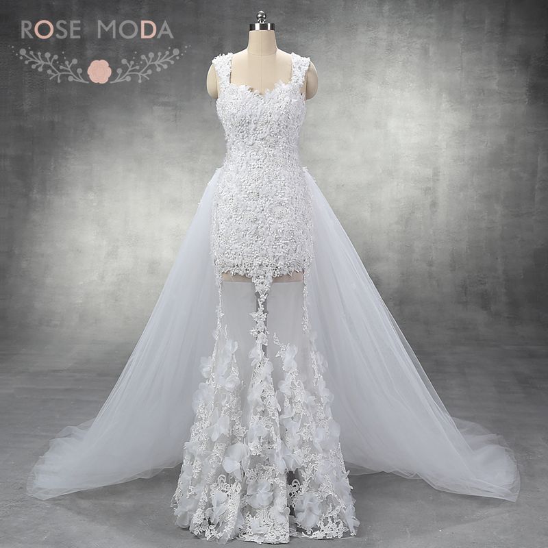 Sexy Cap Sleeves Pearl Beaded Lace Sheath Wedding Dress With Detachable