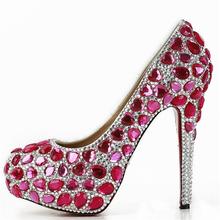 2015 new handmade fuchsia crystal wedding Shoes round toe High Heel Bridal dresses Shoes elegant rhinestone Prom party Pumps