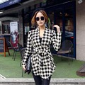 Korean Women sweaters Houndstooth Cardigan Cotton blend lady blouse Slim Long Sleeve Open Stitch Belt Coat