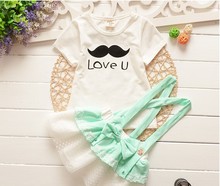 2015 New summer Baby Girls Strap Dress Clothing set Children cotton short sleeve party dresses T