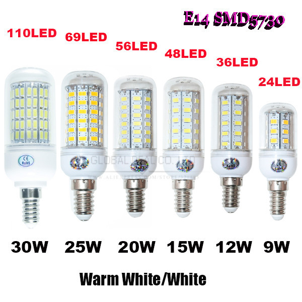 E14 SMD5730 Corn Light 24LED 36LED 48LED 69LED 110LEDs Led Lamp Warm White white 220V 110V