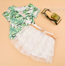 New Kids Girl Wear Casual Two Pieces T Shirt Tops and Lace Skirt Set
