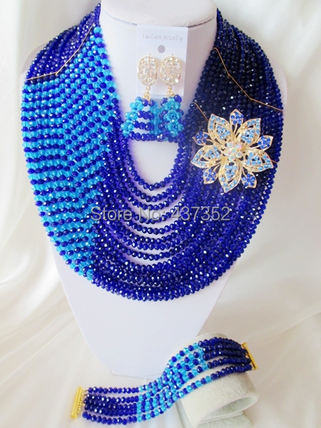 Royal Blue Crystal 15 layers Handmade African Beads Jewelry Set Nigerian Wedding Beads Bridal Jewelry Set Free Shipping CPS-3034
