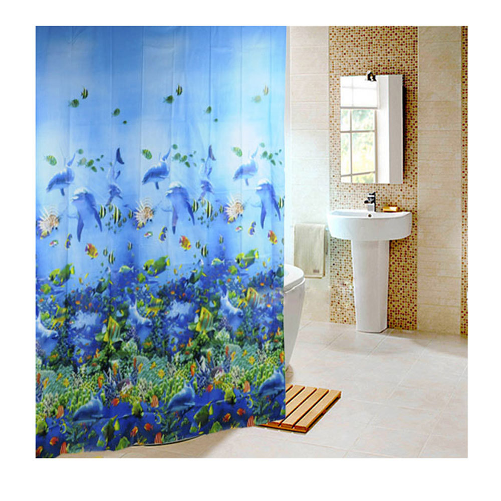 Hot New 180 x 180cm Sea Life Waterproof Fabric Bathroom Shower Curtain Light Blue With 12pcs Curtain Hooks Rings Free Shipping