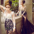Stock Long Sleeves Empire Court Train Illution Delicate Lace Evening Dresses Sexy Mermaid Tulle Women Formal