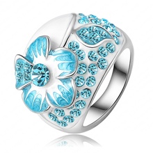 New Hot Fashion Enamel Jewelry Genuine SWA Elements Ring Real Platinum Plated Blue Austrian Crystal Flower Rings Ri-HQ0015-c