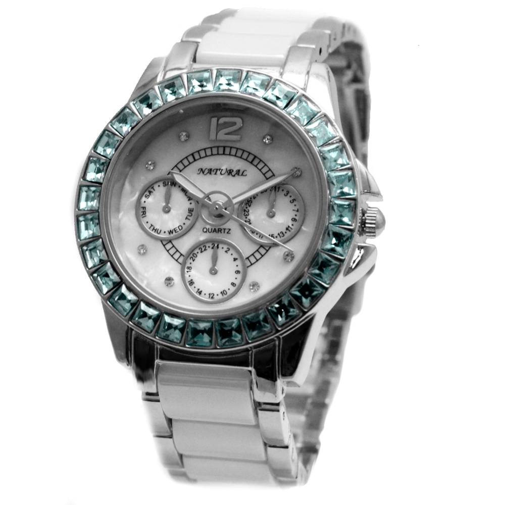 FW830T New Round White Dial Women Ceramic Aquamarine Blue Crystal Bracelet Watch