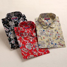 Dioufond Cotton Cherry Blouse Long Sleeve Print Vintage Blouse Casual Plus Size Shirts Women Button Down Star Shirt For Women