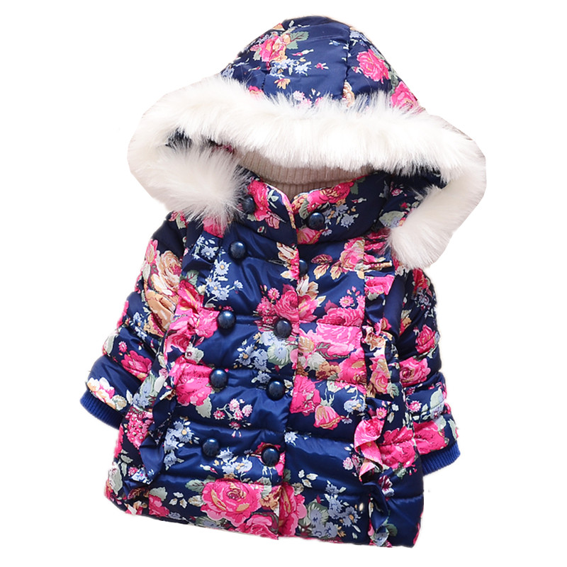 Children's winter jackets Pretty  Floral Pattern baby girl winter jacket Children Outerwear Hooded Baby Girls Coat