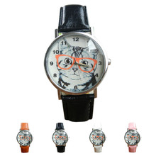 Cute Cat Pattern PU Leather Band Analog Quartz watches Vogue Wrist Watches Cat wearing glasses Relojes