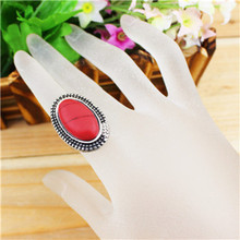 Vintage Look Tibetan Alloy Antique Silver Plated Millet Oval Real Red Turquoise Adjustable Rings TR46