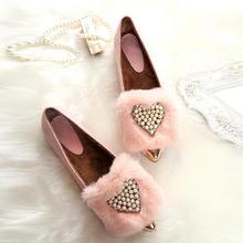 Valentine’s Day Gift PU Leather Woman Winter Thermal Rabbit Fur Flats Plus Velvet Luxury Rhinestone Pearl Flat Shoes 35-44