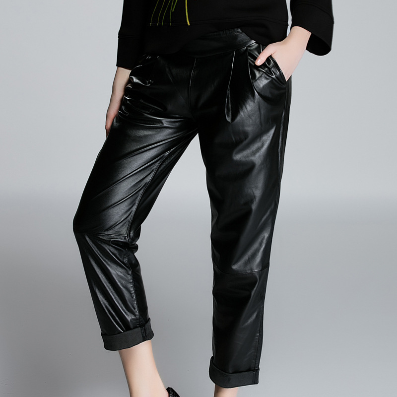 High quality 2016 Winter Autumn Fashion brand Loose Black Women's Leather Pants Casual Trousers Harem Pants black PU harem pants