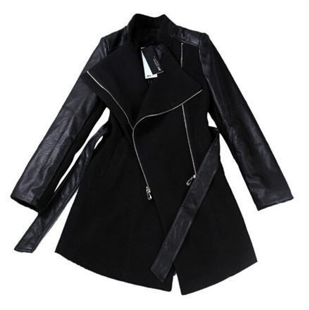 Europe Winter Coat Women 2015 Leather Sleeve Woolen Trench Coat Slim Veste Femme Black Casaco Feminino Fashion Female Overcoat (8)