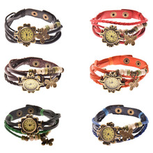 Lackingone 2015 moda relogio feminino cuero Vintage de punto a mano pulsera de la mariposa colgante cuarzo libera el envío