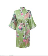 Promotion Green Chinese Women’s Silk Rayon Bathrobe Yukata Gown Flower &Peacock Pattern Nightgown Size S M L XL XXL XXXL