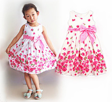 2016 New Arrival Cute Sweet Chic Round Neck Sleeveless Big Bowknot Flower Printed Girls Dress Cotton Knee-Length Kids Costume