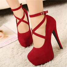 2016 Hot Women Pumps Platform Thin Heels 14 cm Cross Strap Women Shoes Fashion High Quality Sexy High Heels Size 42