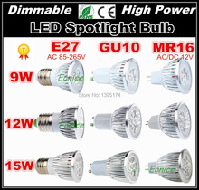 Wholesale High Power 9W 12W 15W CREE LED Spotlight Bulb Lamp GU10 E27 MR16 Dimmable LED Light Downlight 110V 220V Free Shipping