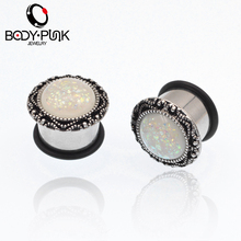 Hot Sale 1 Pair Plugs Stainless Steel White Opal Center Double Flare Ear Plug Gauges Tunnel Body Piercing Jewelry 4mm-16mm PLG14