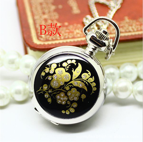 Europe and the United States selling concise fashion small Enamel Black Pentagram flowers quartz Pocket Watch