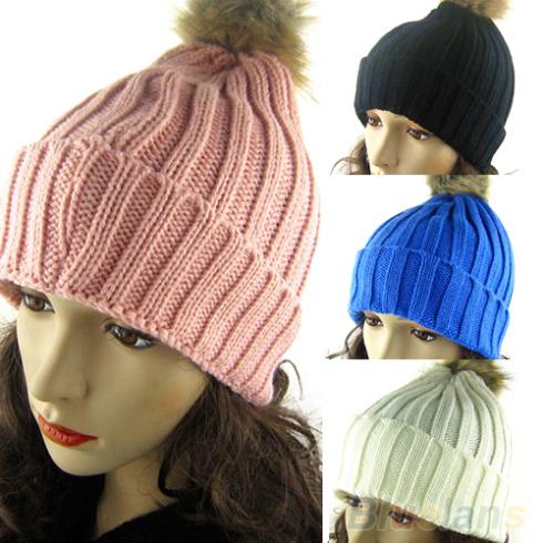 Women Winter Warm Braided Crochet Knitting Hat Girl Beret Ski Beanie Ball Cap 1T3A