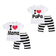 Newborn Baby Girls Boys Clothes Love Mama Papa Short Sleeve T-Shirt Tops and Striped Pant 2pcs Kid Children Clothing Set