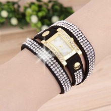 1pcs 2015 New Fashion Women s Vintage Square Dial Rhinestone Weave Wrap Multilayer Leather Bracelet Wrist