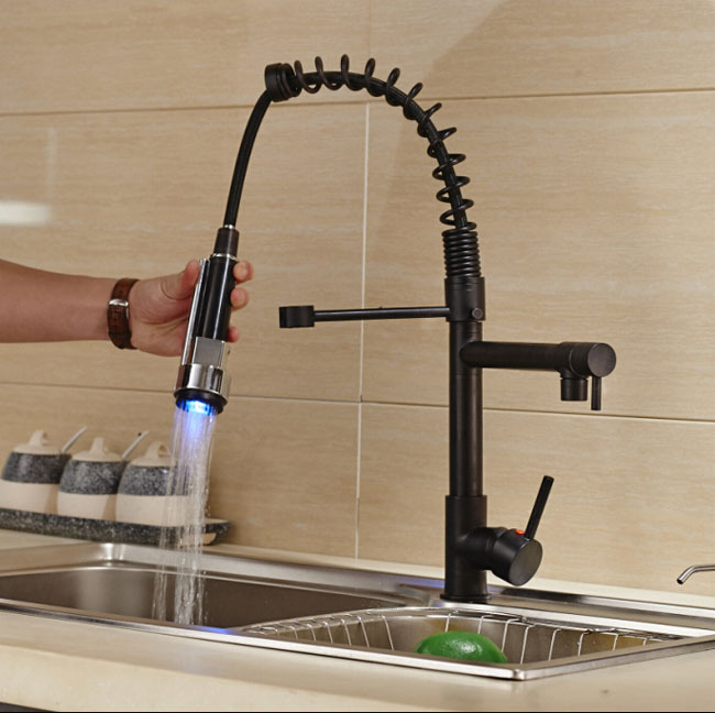 Luxury Color Changing LED Kitchen Sink Faucet Deck Mount Spring Pull Down Hot and Cold Mixer Taps